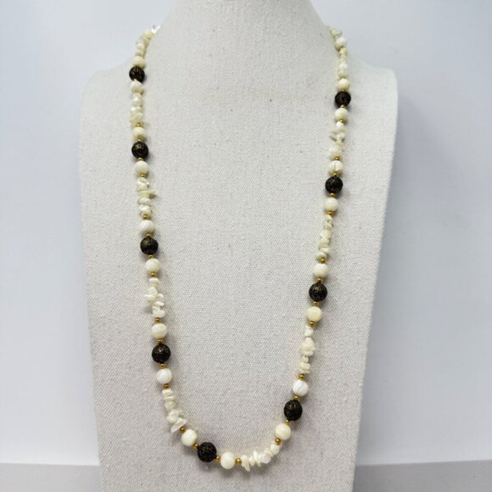 Vintage Milky Quartz Beaded‎ Necklace Long Length Gold-Tone